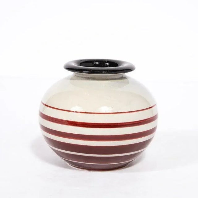 Art Deco 1940s Art Deco Cream Ceramic Vase With Crimson Detailing by Ilse Claesson for Rörstrand For Sale - Image 3 of 7