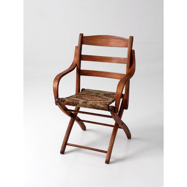 Wood Antique Oak Campaign Folding Chair For Sale - Image 7 of 18