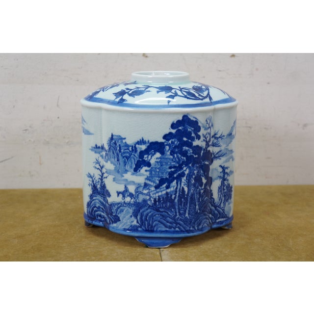 Chinese Chinoiserie Blue & White Pagoda Mountain Landscape Tea Caddy 11" For Sale - Image 6 of 16