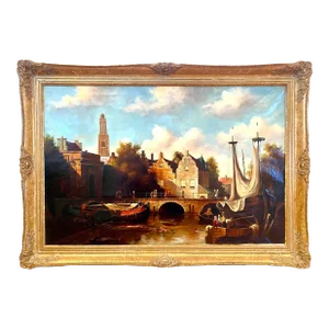 Old Masters Style Dutch Landscape Painting by Leon Arie Feijen, Ornately Framed