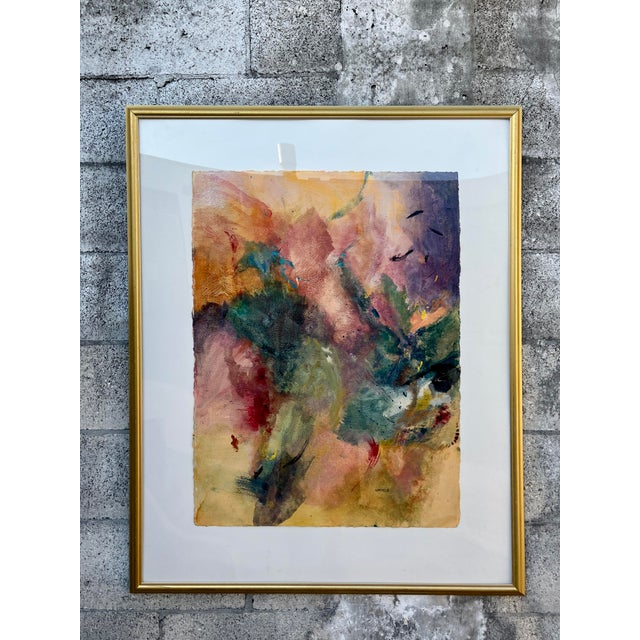 Abstract Washed Colors Framed Painting Signed by American Artist Lois Perdue. Circa 1990s Framed under plexiglass in a...