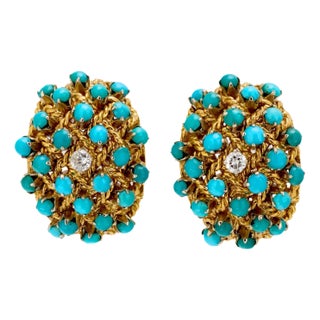 1970s Vintage Italian Turquoise Diamond 18k Yellow Gold Earrings, A Pair For Sale