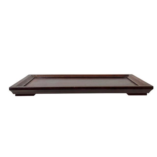 2010s Chinese Brown Rectangular Flower Motif Plain Flat Wood Tray For Sale - Image 5 of 7