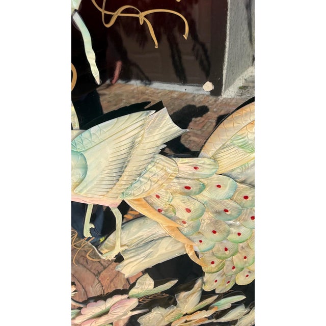 Late 20th Century Four-Panel Asian Lacquer Screen With Mother-of-Pearl Inlay, 72” H For Sale In Miami - Image 6 of 18
