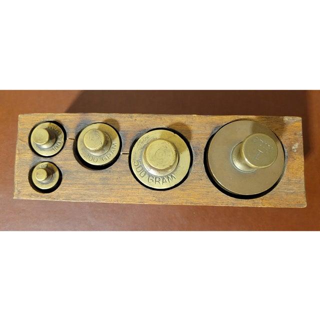 Antique Five Brass Scale Weights in Wooden Holder For Sale - Image 4 of 8