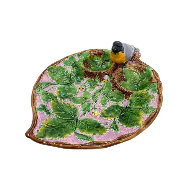 Holdcroft Majolica Strawberry Server With Bird, Cream and Sugar Wells, Ca. 1875 For Sale - Image 12 of 12