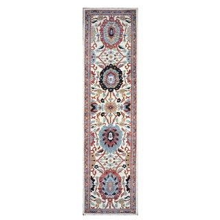 21st Century Wool Afghan Sultanabad 3x12 Ivory, Red, & Blue Handmade Runner Rug #1143666 For Sale