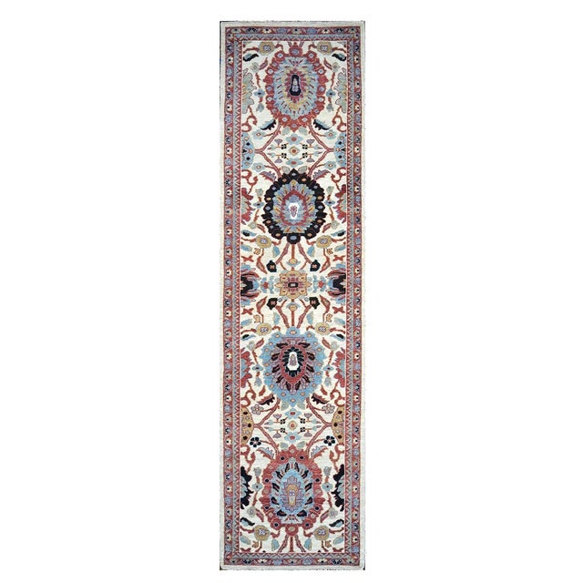 21st Century Wool Afghan Sultanabad 3x12 Ivory, Red, & Blue Handmade Runner Rug #1143666 For Sale
