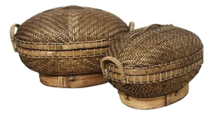 Vintage Chinese Hand-Woven Wicker & Rattan Lidded Basket - Set of 2
