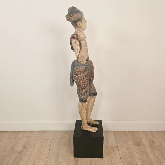 Wood 19th Century Southeast Asian Tall Painted & Carved Wood Figure of a Man For Sale - Image 7 of 15