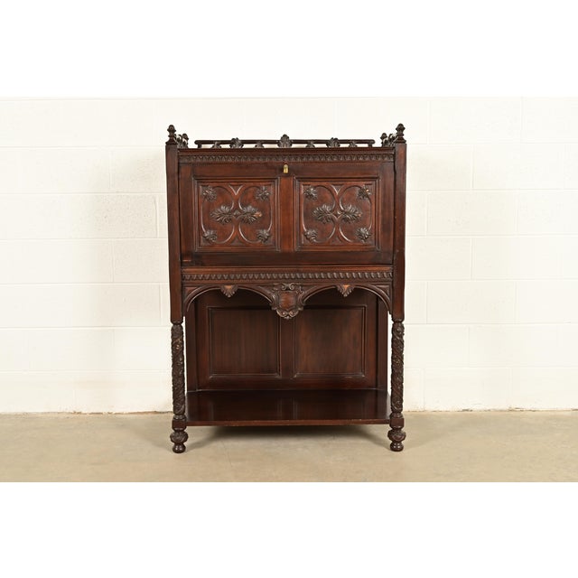 Antique English Victorian or Gothic Revival Carved Walnut Drop Front Secretary Desk | Circa 1880s For Sale - Image 14 of 14