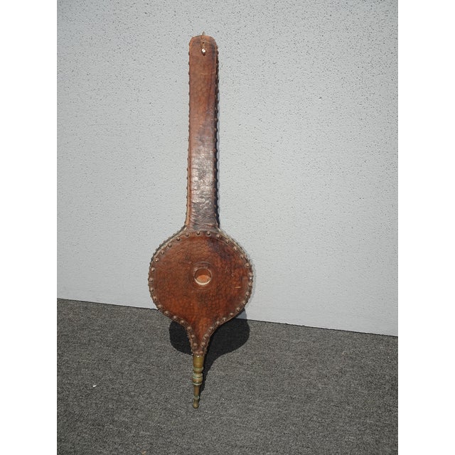 Antique French Country Brown Leather Bellow With Long Handle Wall Decor For Sale - Image 4 of 12