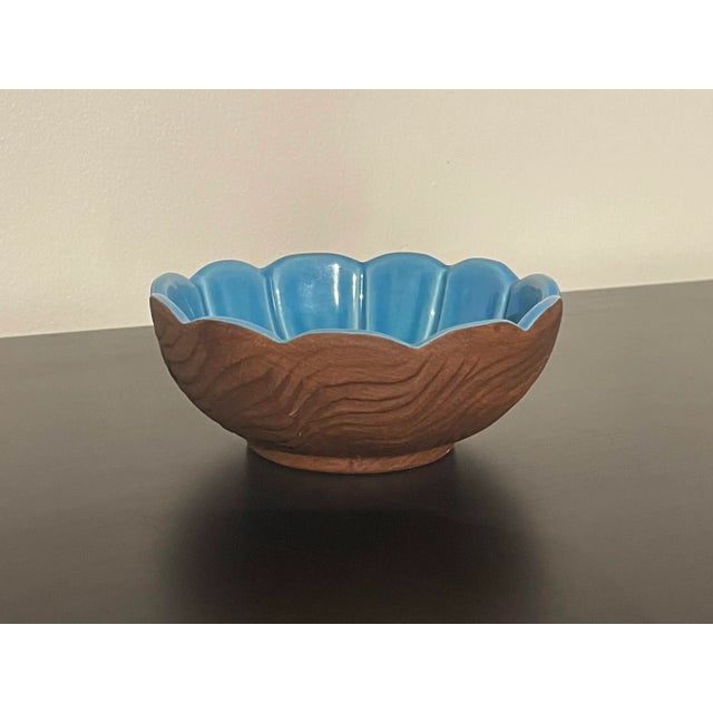 Rare mid-century Sequoia Ware USA Pottery candleholder catchall. Finely detailed wood-grain like exterior with gorgeous...