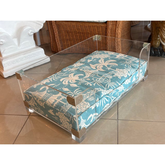 Vintage Palm Beach Lucite & Chrome Pet Dog Bed New Custom Pagoda Cushion For Sale - Image 9 of 10