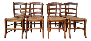 Louis XV Style Rustic Chairs in Fruitwood with Rush Seats, 19th Century, Set of 8