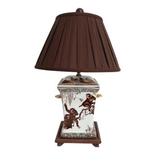 1950s Porcelain Monkeys Lamp & Shade For Sale