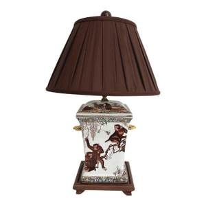 1950s Porcelain Monkeys Lamp & Shade