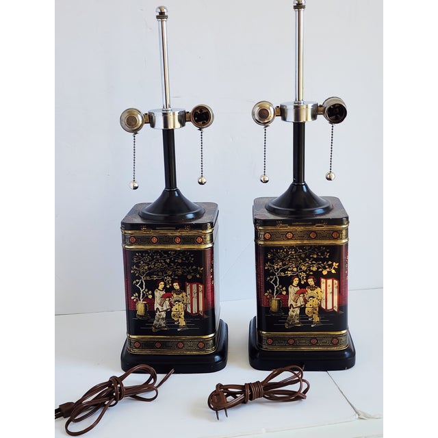 Frederick Cooper Mid-Century Frederick Cooper Tole Tea Canister Chinoiserie Table Lamps-a Pair For Sale - Image 4 of 11