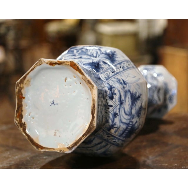 19th Century French Blue and White Delft Faience Vase With Windmill Scenes For Sale - Image 11 of 13