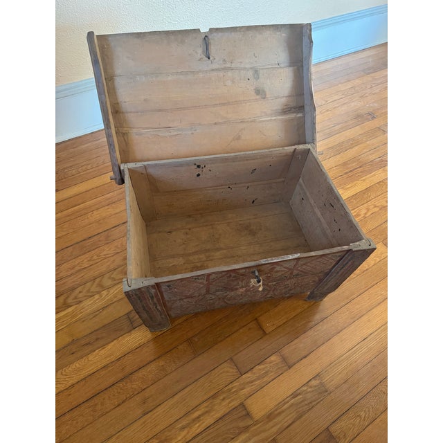 Folk Art Antique Painted Wooden Storage Chest With Hand-Decorated Panels For Sale - Image 3 of 11