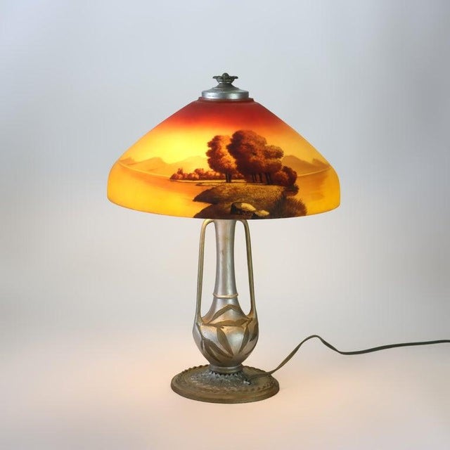 Glass Antique Phoenix Reverse Painted Table Lamp With Landscape Scene C1920 For Sale - Image 7 of 7