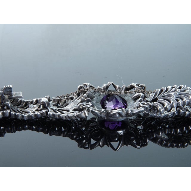 Metal Art deco Sterling Sanborns Mexican Silver Amethyst openwork bracelet For Sale - Image 7 of 8