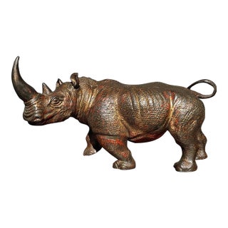 Vintage Gilt Accent Bronze Rhinoceros Sculpture, Textured Rhino Statue For Sale