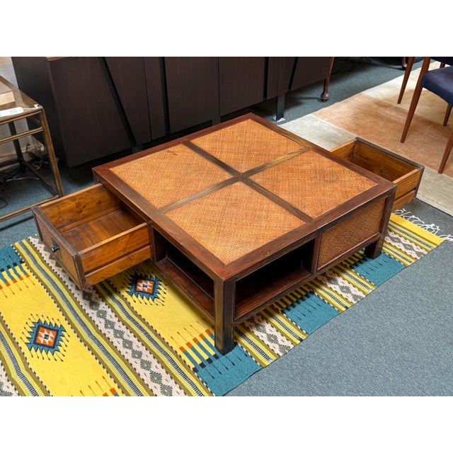 Chinese-Style Woven Rattan Four-Drawer Coffee Table, Vintage For Sale - Image 4 of 12