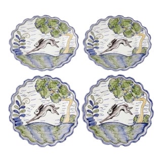 Set of 4 Andrea by Sadek Portuguese Majolica Style Leaping Hare Plates For Sale