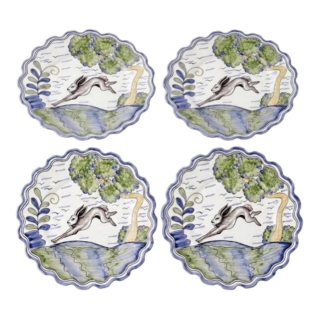 Set of 4 Andrea by Sadek Portuguese Majolica Style Leaping Hare Plates For Sale