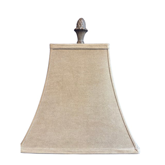 Rustic European Tuscan Acanthus Relief Table Lamp in Ornate Bronze Pedestal Base With Linen Shade For Sale - Image 3 of 4