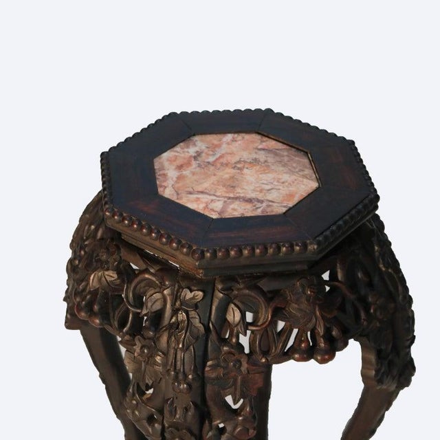 Antique Chinese Carved Rosewood Rouge Marble Top Stand C1920 Measures - 23.75" x 16.25" x 16.25" This antique stand,...