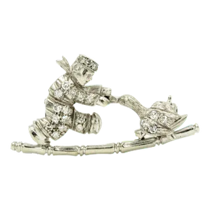 Art Deco Style Boy Child and Goose Figural Diamond White Gold Brooch Pin