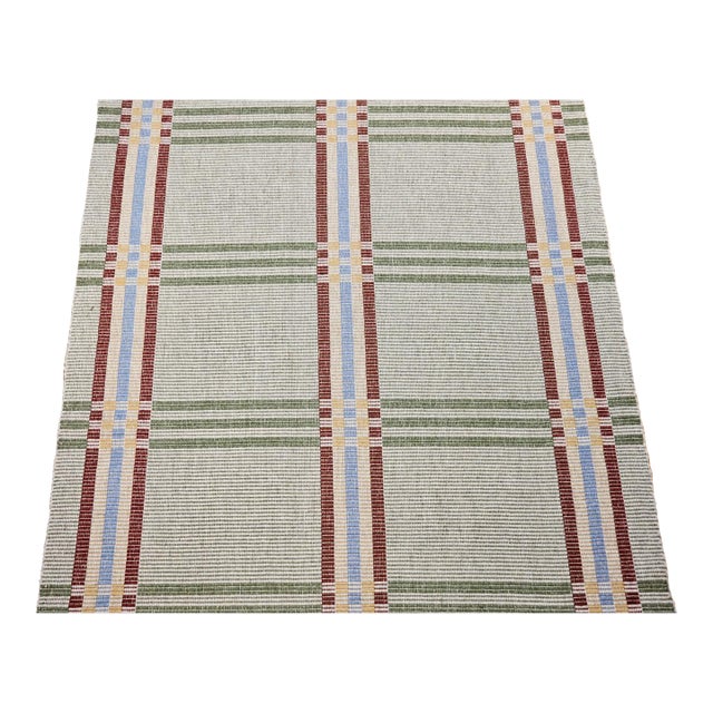 Vintage American Runner, Flat-Woven Wool & Cotton, Allover Pattern, Green Stripes, 4x24 For Sale