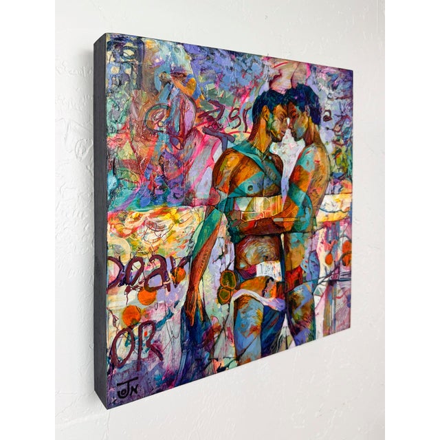 In "Honest Convergence," two figures embrace, their bodies intertwined in a vibrant display of color and emotion. The...