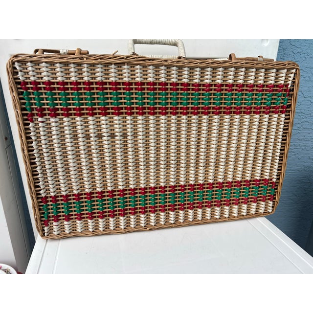 Vintage Wicker and Vinyl Rattan Picnic Basket Red Green and White Picnic Basket Suitcase For Sale - Image 10 of 12