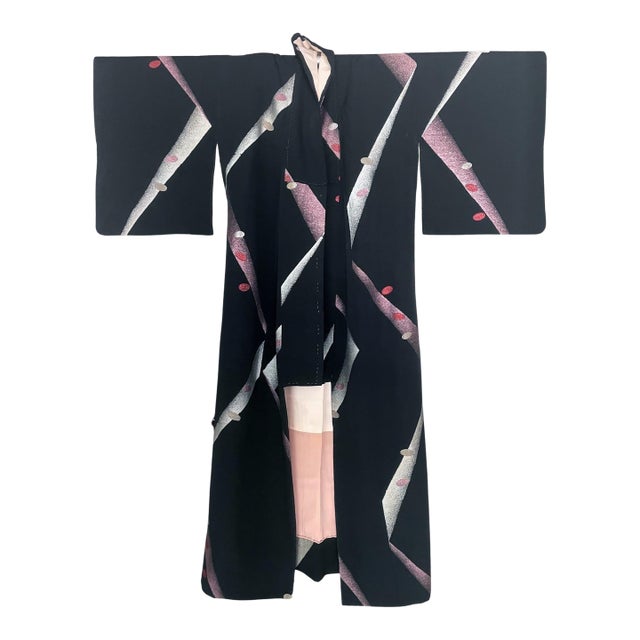 Vintage Japanese Silk Meisen Kimono with Geometrical Design For Sale
