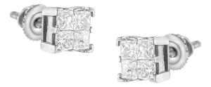 10K White Gold 3/4 Cttw Invisible Set Princess-Cut Diamond Composite Square Stud Earrings