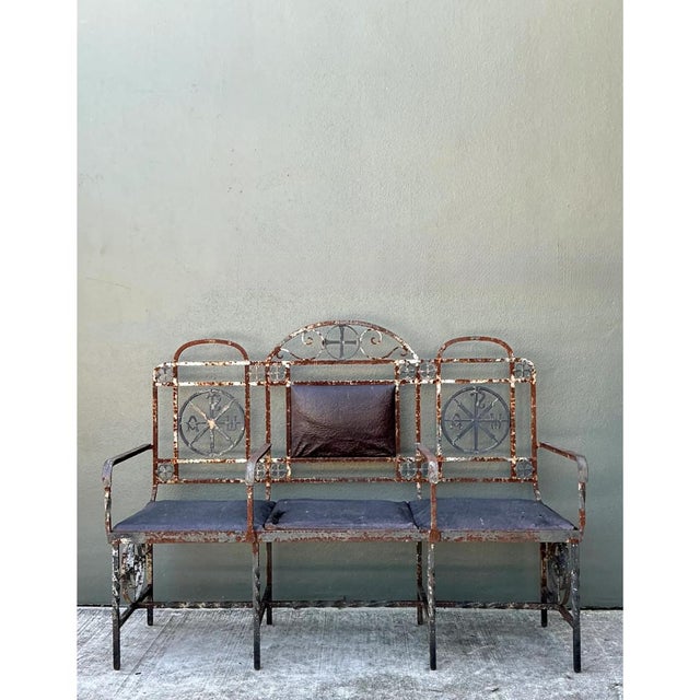 Metal Vintage Distressed Metal and Upholstery Bench For Sale - Image 7 of 12