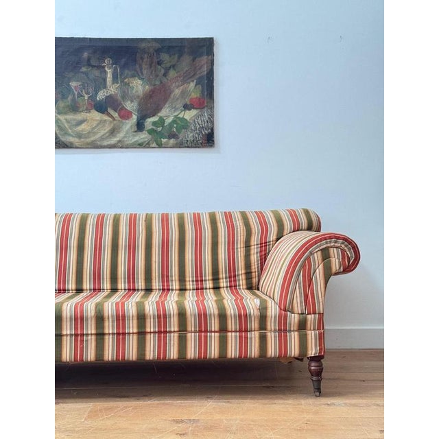 English Country House Deep Striped Scrolling Sofa For Sale - Image 6 of 10