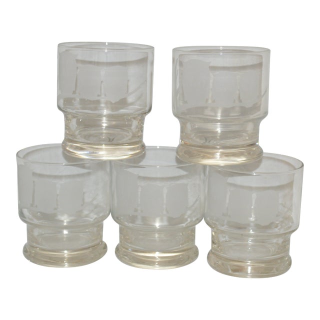 Vintage Bonwit Teller Etched Owl Lowball Rock Cocktail Glasses- Set of 5 For Sale