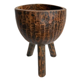 Carved Wood Vintage Rustic Bowl on Legs For Sale