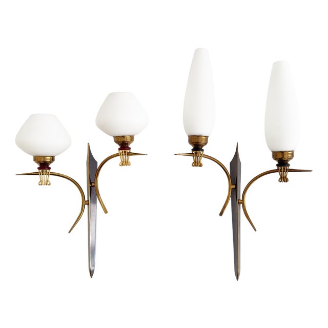 20th Century Wall Lamps in Gilded Brass & Opaline attributed to Maison Arlus, 1960s, Set of 2 For Sale