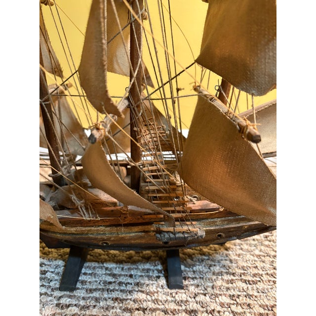 Vintage Handcrafted 3 Masted Wooden Ship Model With Fabric Sails For Sale - Image 4 of 7