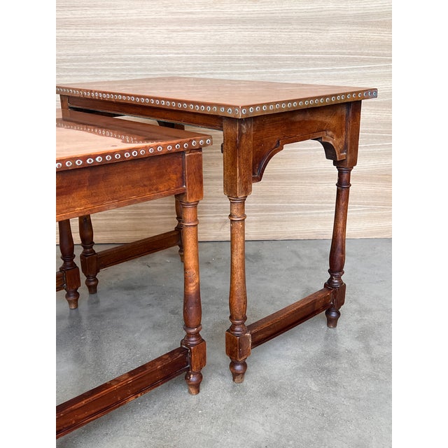 Wood Set of Three Spanish Walnut Nesting Tables With Copper Top For Sale - Image 7 of 8