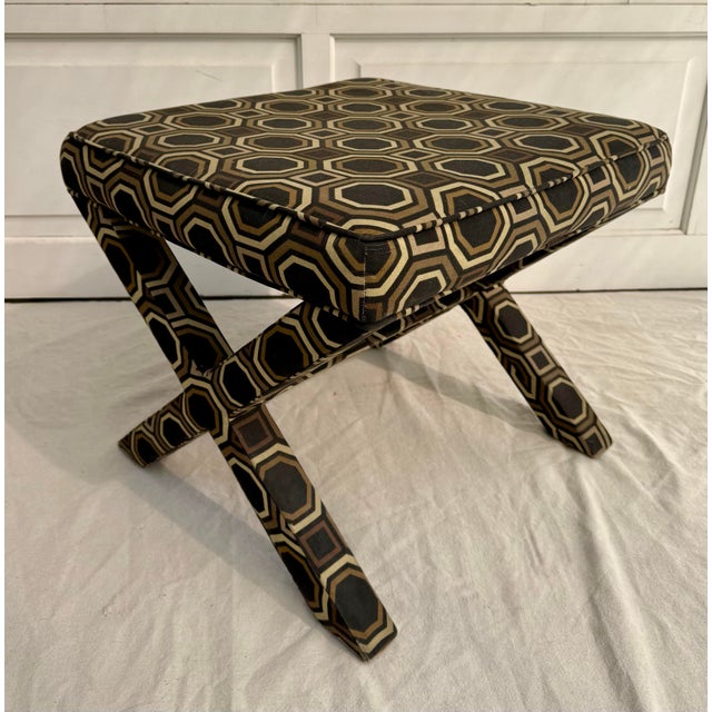 Billy Baldwin Late 20th C. Hollywood Regency X-Bench Stool With Geometric Upholstery For Sale - Image 4 of 12