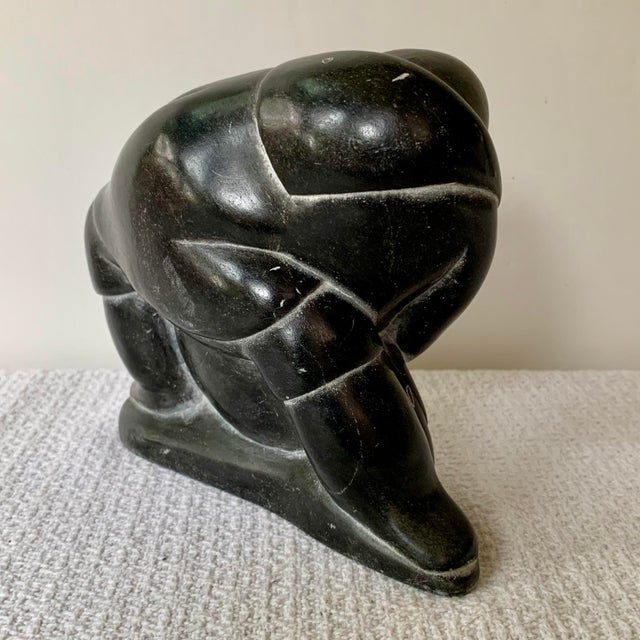 Inuit Soapstone Carving by Lucassie Amm – Signed - Kneeling Inuk Figure For Sale - Image 9 of 18