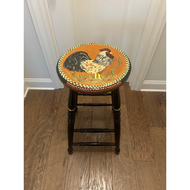 Unique & Whimsical Hand Painted Bar Height Rooster Stool Black Base with Gold Accents 28-3/4” Tall x 16” at base x 14”...