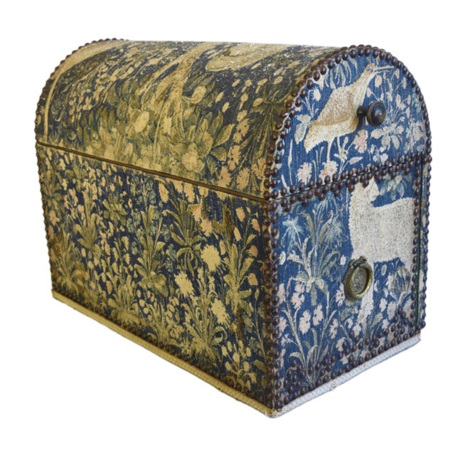 Antique French Tapestry Travel Foldout Desk Trunk W/ Dome Top & Brass ...