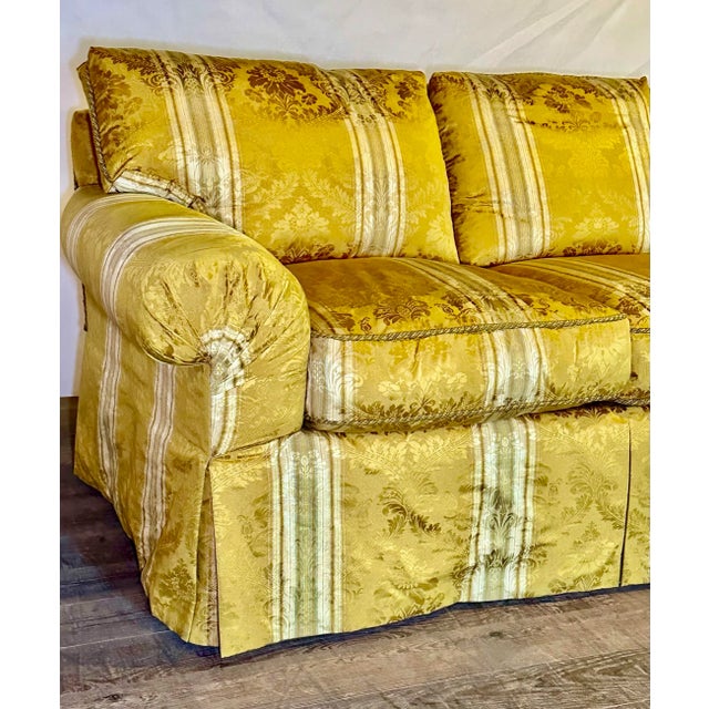 Classic English Roll Arm Sofa in Golden Damask – Skirted, Tailored, Designer Ready For Sale - Image 6 of 10